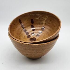 Studio Art Pottery Wheel Thrown Yellow Brown (2) Bowls. Signed.